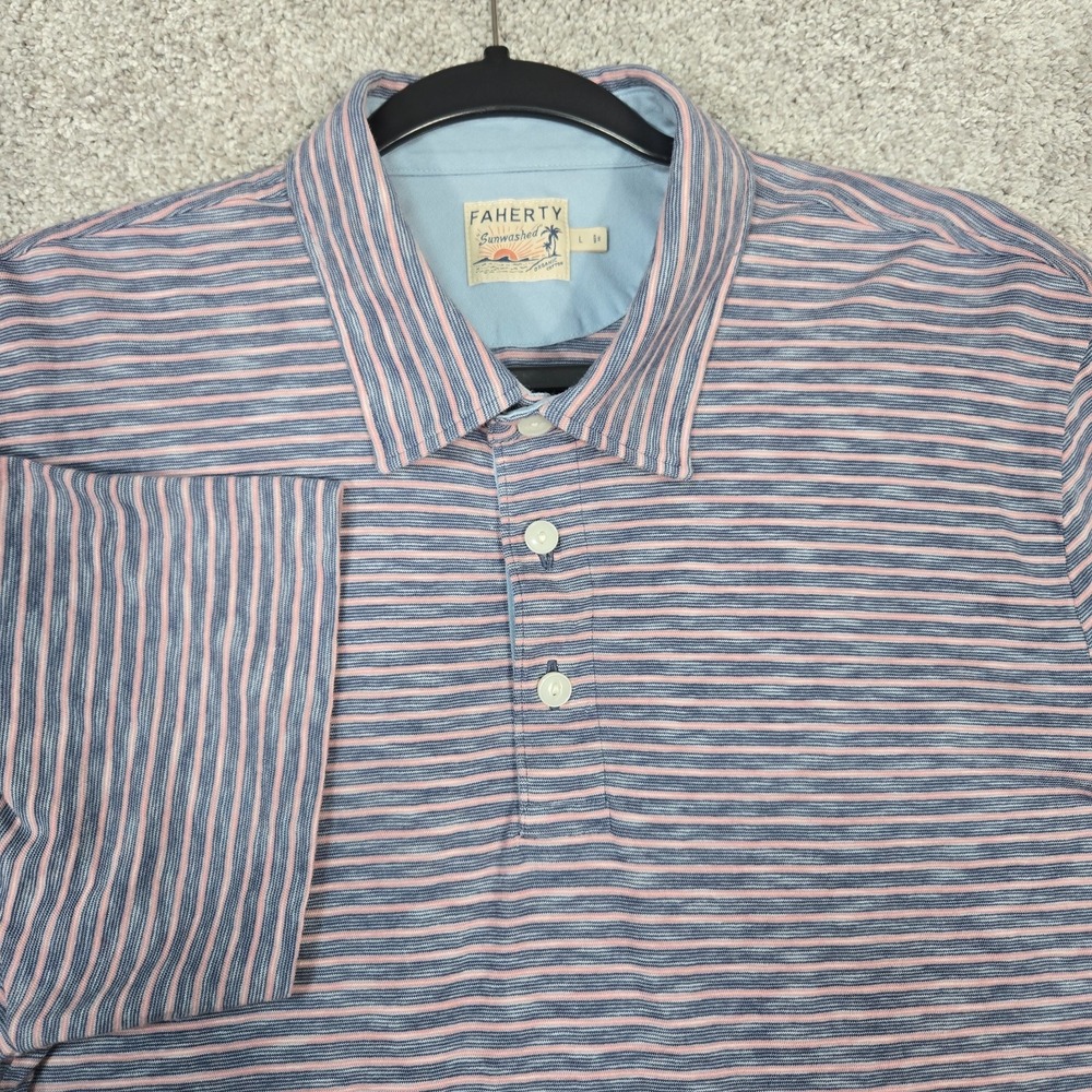Faherty Sunwashed Polo Shirt Organic Cotton Striped mens Large